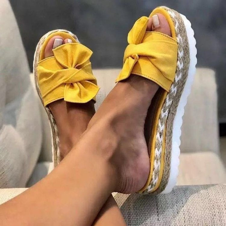 New Summer Women's Bow-Detail Platform Sandals with Jute-Wrapped Soles and Non-Slip Design