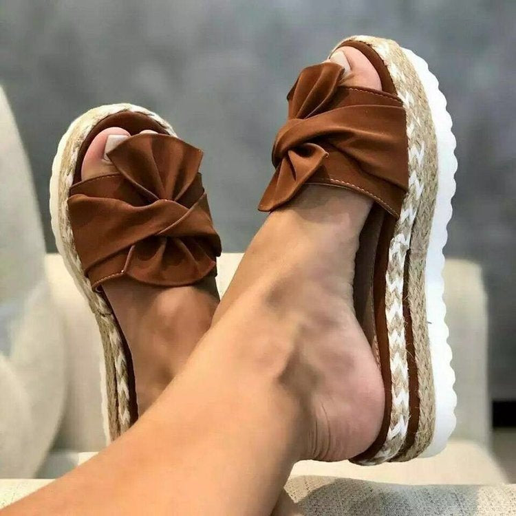 New Summer Women's Bow-Detail Platform Sandals with Jute-Wrapped Soles and Non-Slip Design