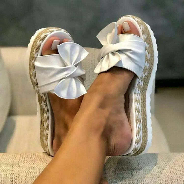 New Summer Women's Bow-Detail Platform Sandals with Jute-Wrapped Soles and Non-Slip Design