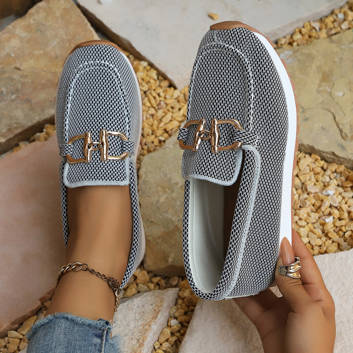 Autumn 2026 New Arrival: Women's Comfortable Casual Slip-On Flats with Metal Buckle & Solid Color