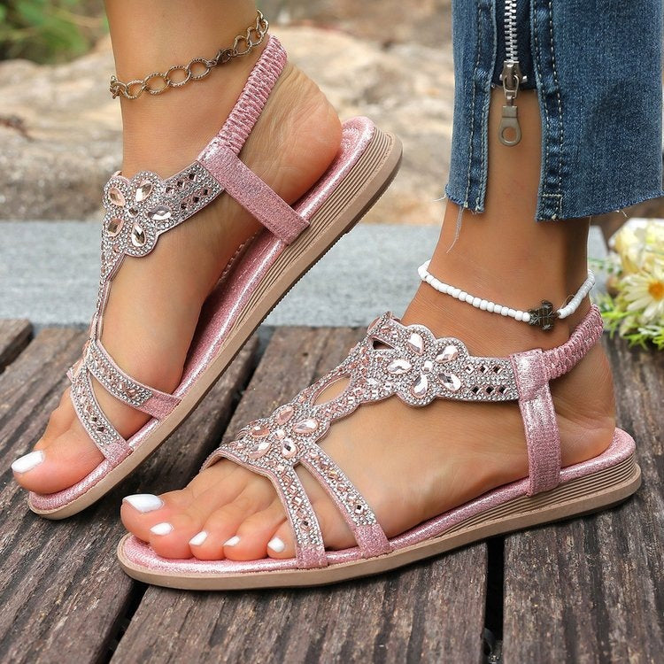 New Summer Women's Rhinestone Flower Elastic Strap Sandals